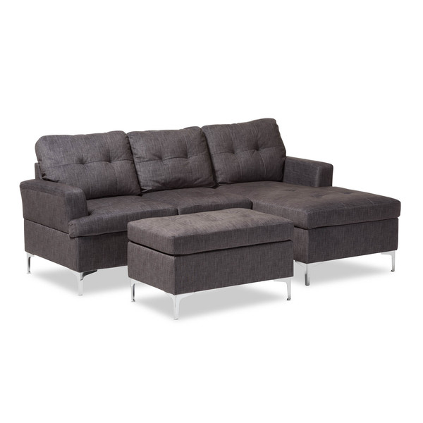 Baxton Studio Riley Grey Upholstered 3-Piece Sectional Sofa with Ottoman Set 130-7171